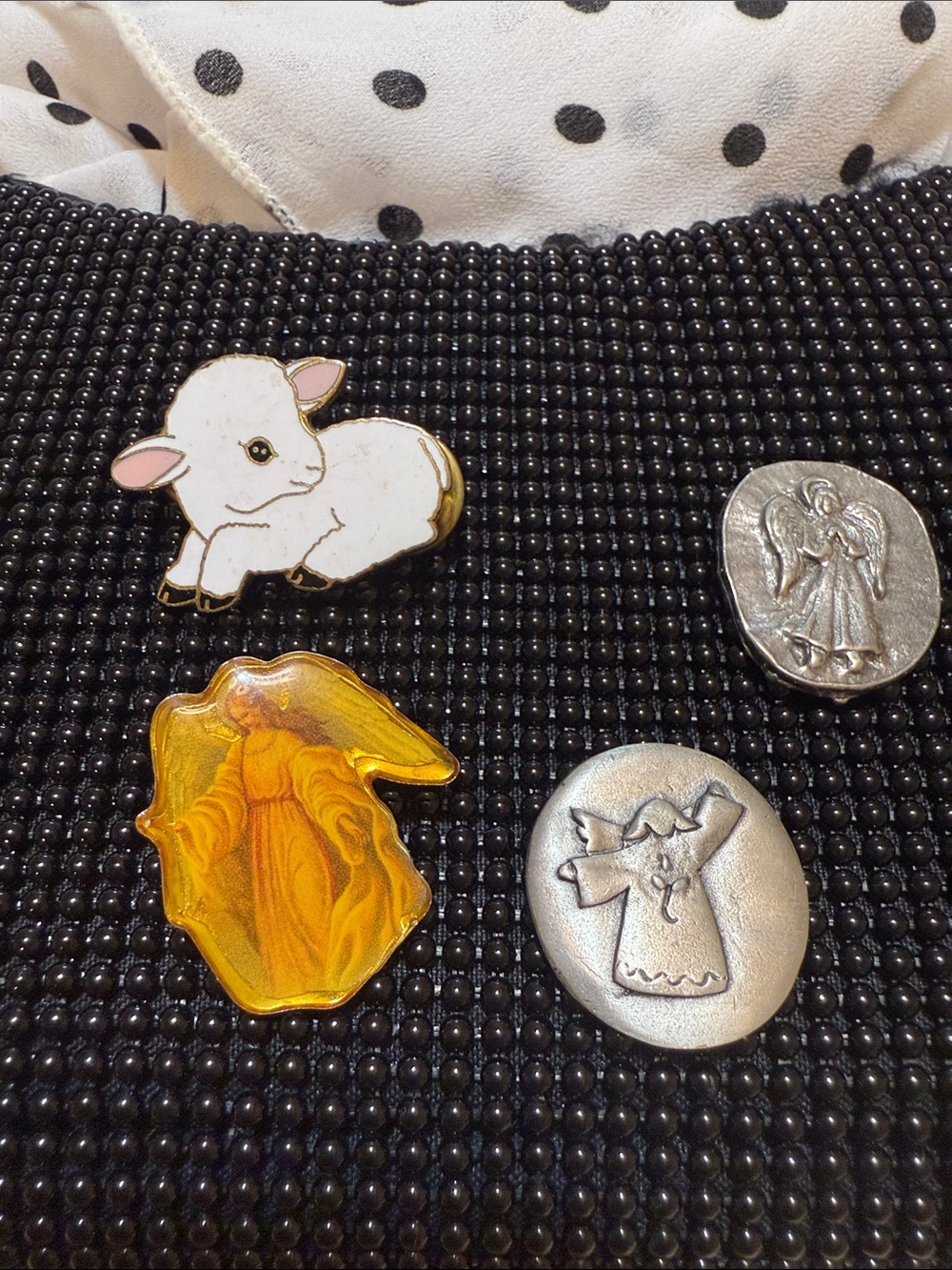 Vintage Guardian Angel and Cross pins Enamel Lamb Pin Pink and 2 pocket charms